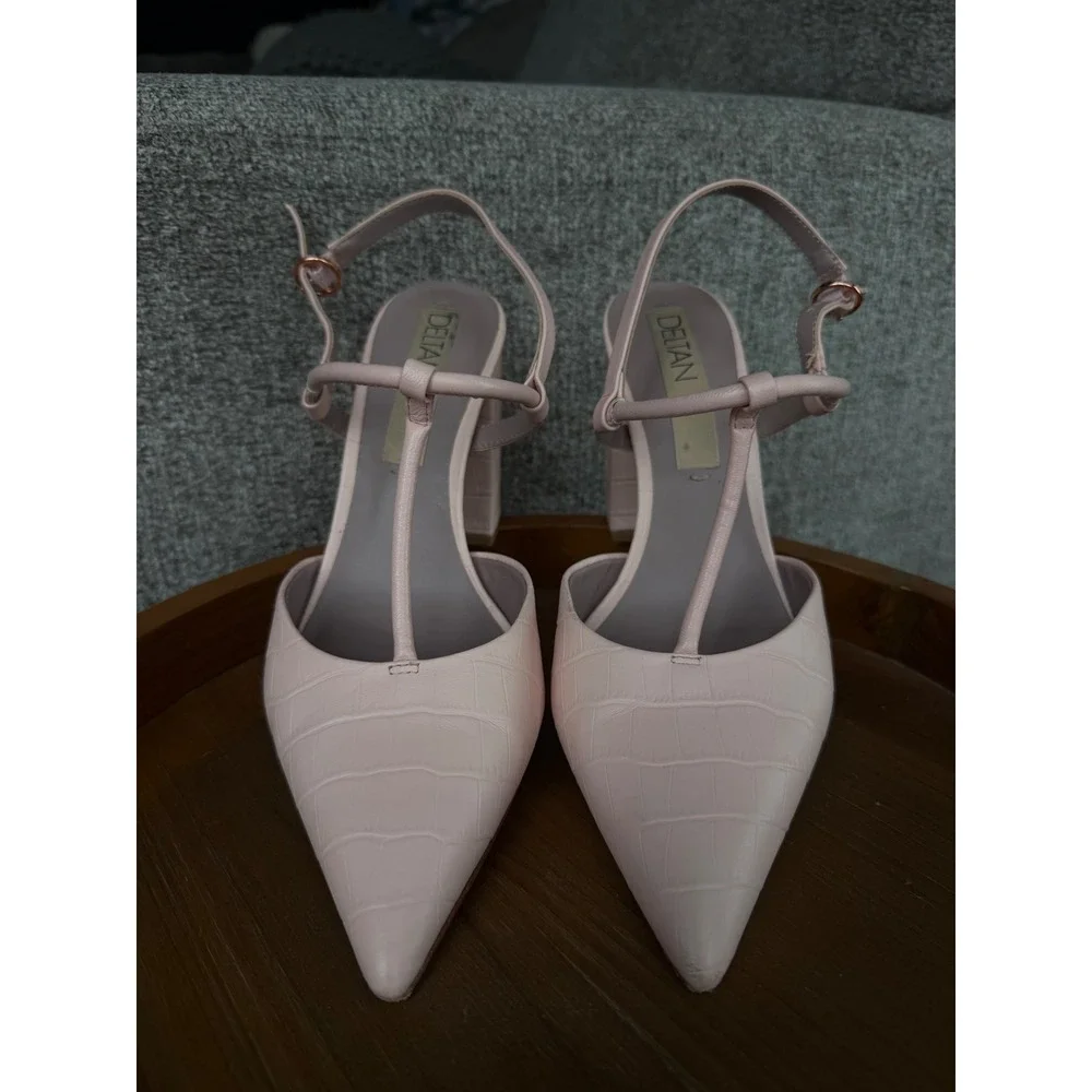 Deltan Pink Croc Embossed T-Strap Block Heel Slingback Pumps Womens‎ 6.5M